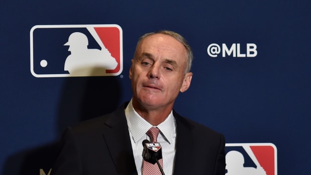 Feb 17, 2019; West Palm Beach, FL, USA; MLB commissioner Rob Manfred addresses representatives from the grapefruit league during the annual spring training media day at Hilton in West Palm Beach. Mandatory Credit: Steve Mitchell-USA TODAY Sports